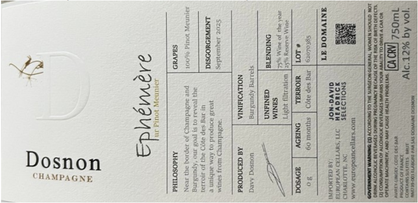 TABC label artwork for Dosnon Ephemere Pinot Meunier Champagne