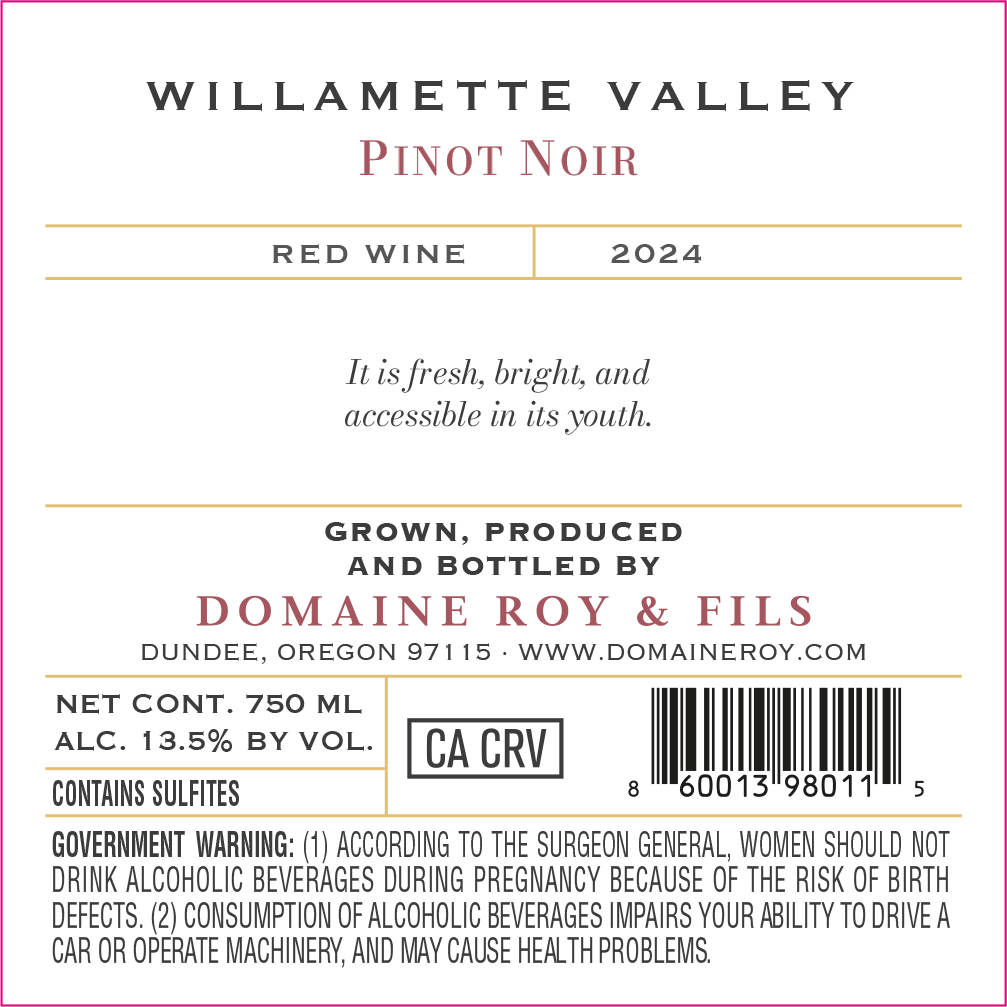 TABC label artwork for Domaine Roy & Fils Willamette Valley Pinot Noir