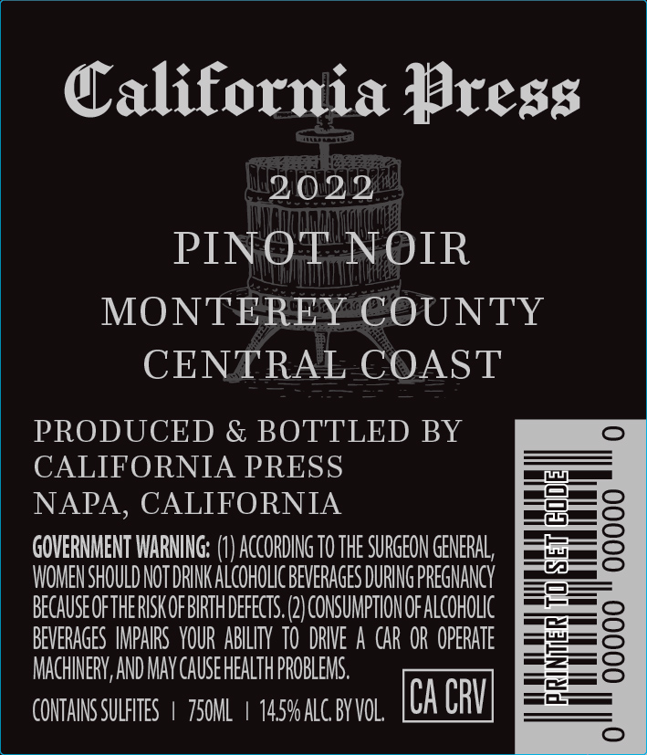 TABC label artwork for California Press Pinot Noir