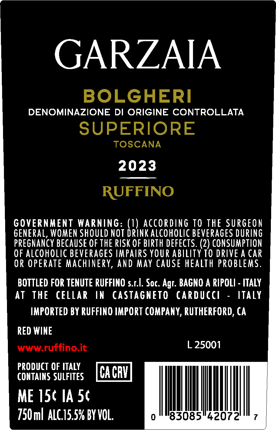 TABC label artwork for Ruffino Garzaia Red Wine Bolgheri Doc