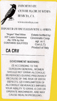 TABC label artwork for Cincinnato Cesanese Argeo