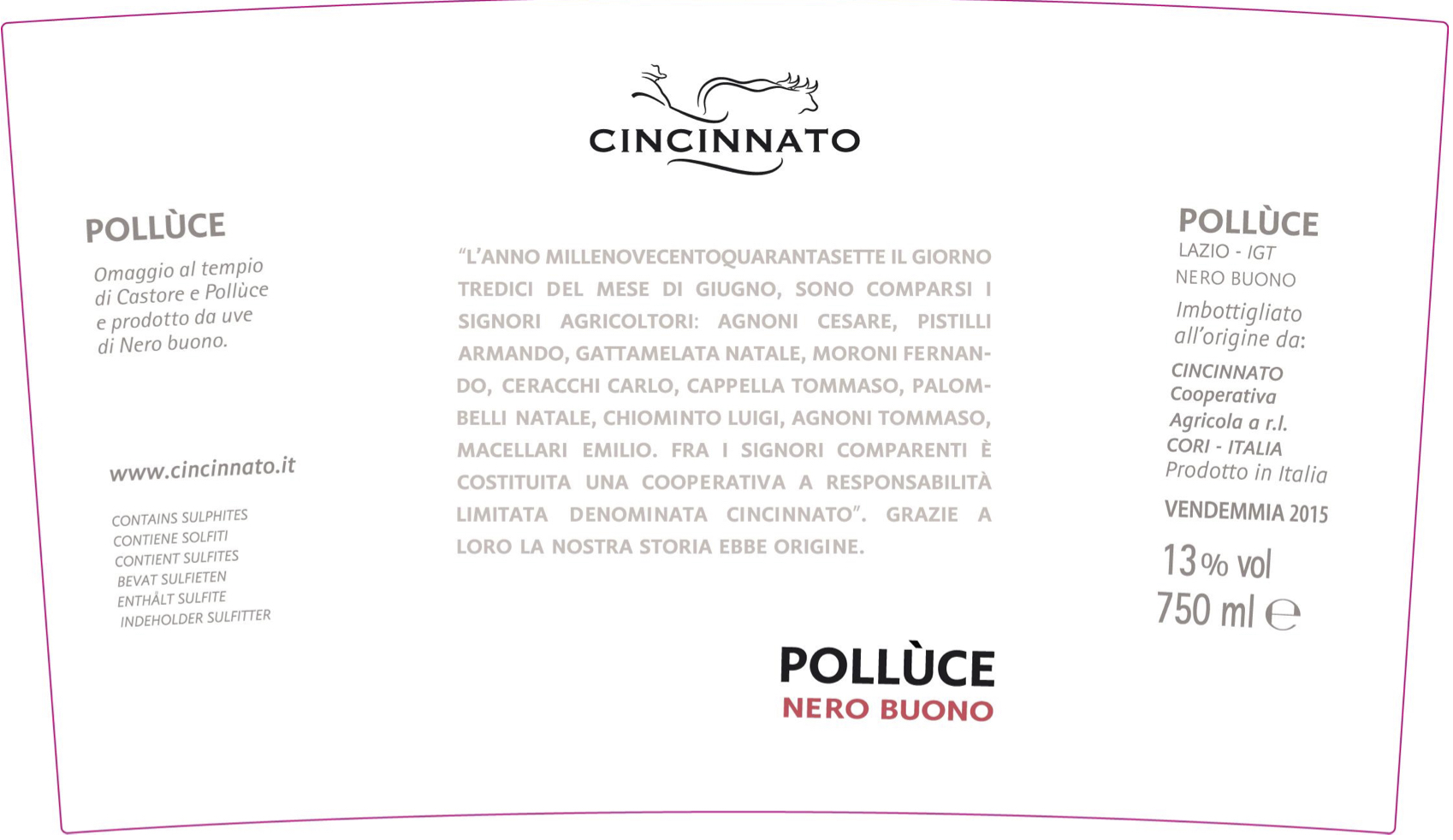TABC label artwork for Cincinnato Nero Buono Polluce