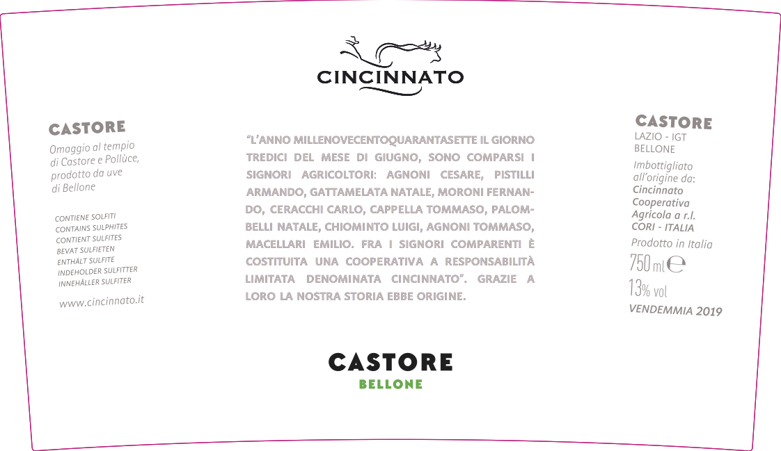 TABC label artwork for Cincinnato Castore Bellone