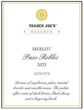 TABC label artwork for Trader Joe's Reserve Merlot