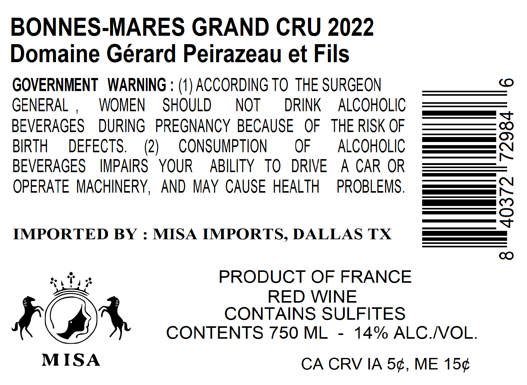 TABC label artwork for DOMAINE GERARD PEIRAZEAU ET FILS BONNES-MARES GRAND CRU