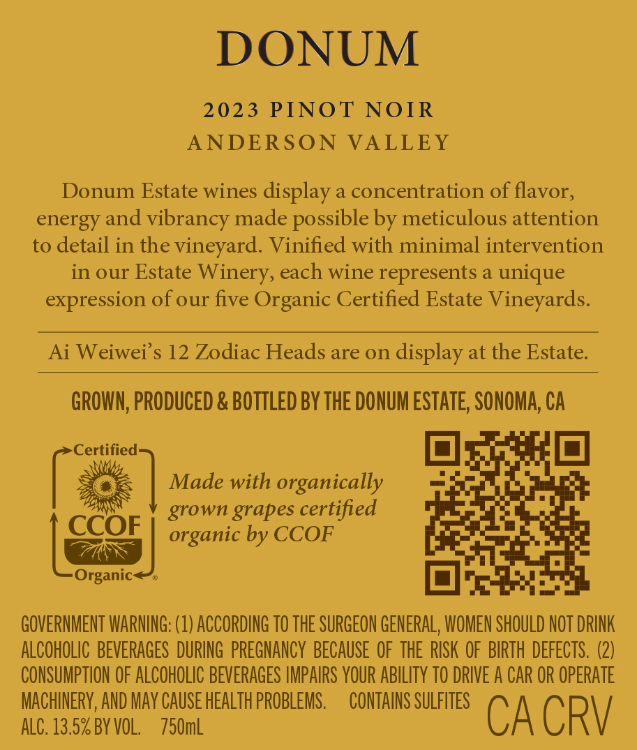 TABC label artwork for Donum Pinot Noir Anderson Valley