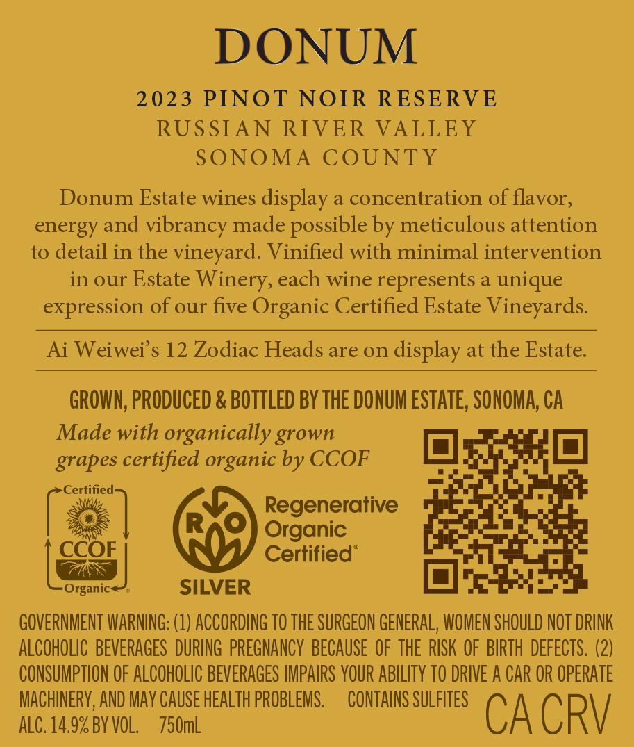 TABC label artwork for Donum Reserve Pinot Noir