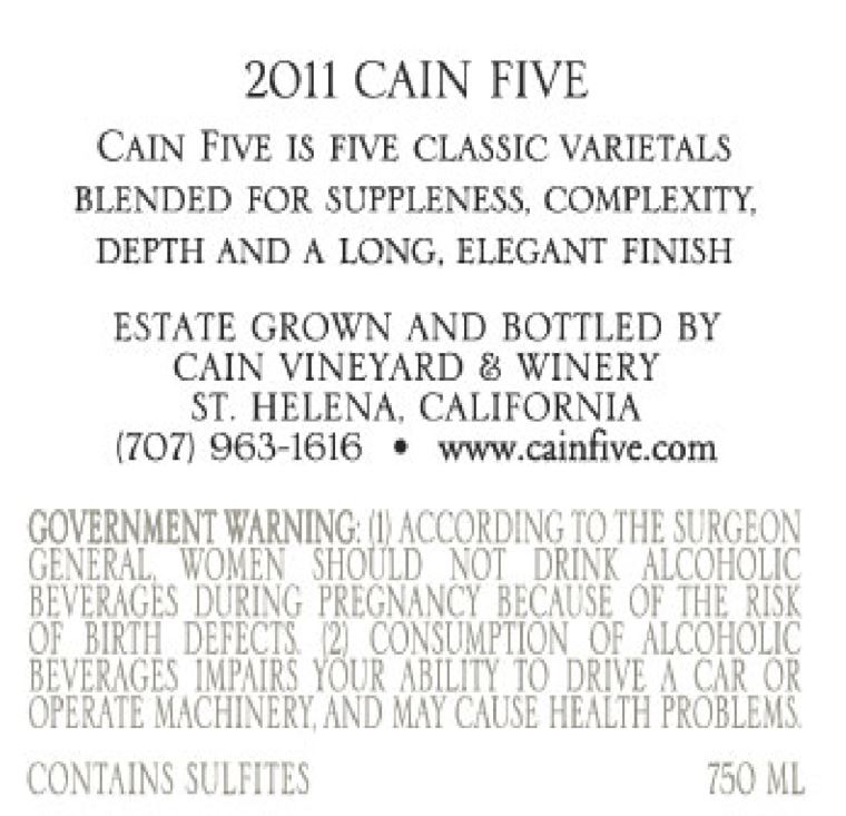 TABC label artwork for CAIN FIVE SPRING MOUNTAIN DISTRICT ­ NAPA VALLEY