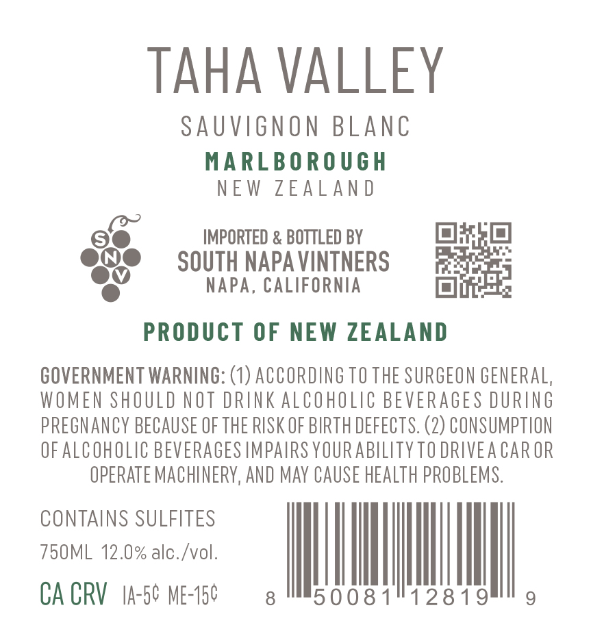 TABC label artwork for Taha Valley Sauvignon Blanc Marlborough New Zealand