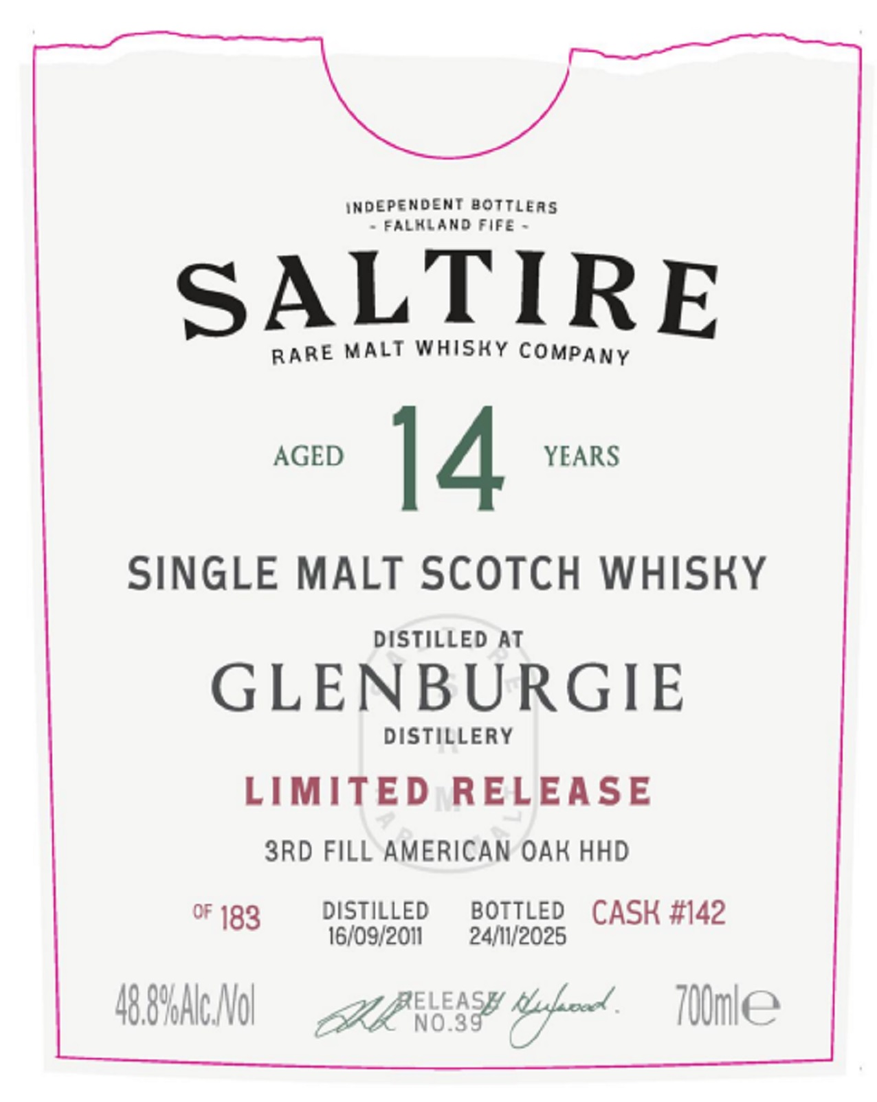 TABC label artwork for Saltire Single Malt Scotch Whiskey Aged 14 Years Glenburgie