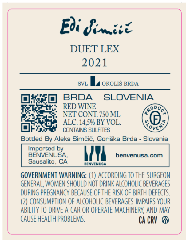 TABC label artwork for EDI SIMCIC DUET LEX SLOVENIA