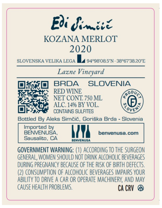TABC label artwork for EDI SIMCIC KOZANA MERLOT SLOVENIA