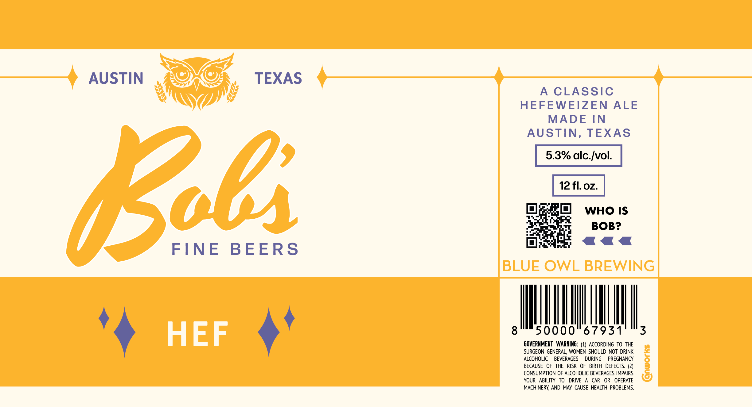 TABC label artwork for Blue Owl Brewing: Bob's Hef