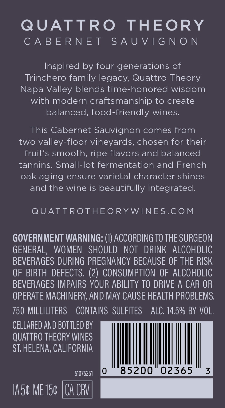TABC label artwork for Quattro Theory Cabernet Sauvignon Napa Valley