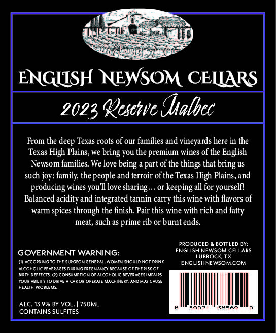 TABC label artwork for English Newsom Cellars Reserve Malbec