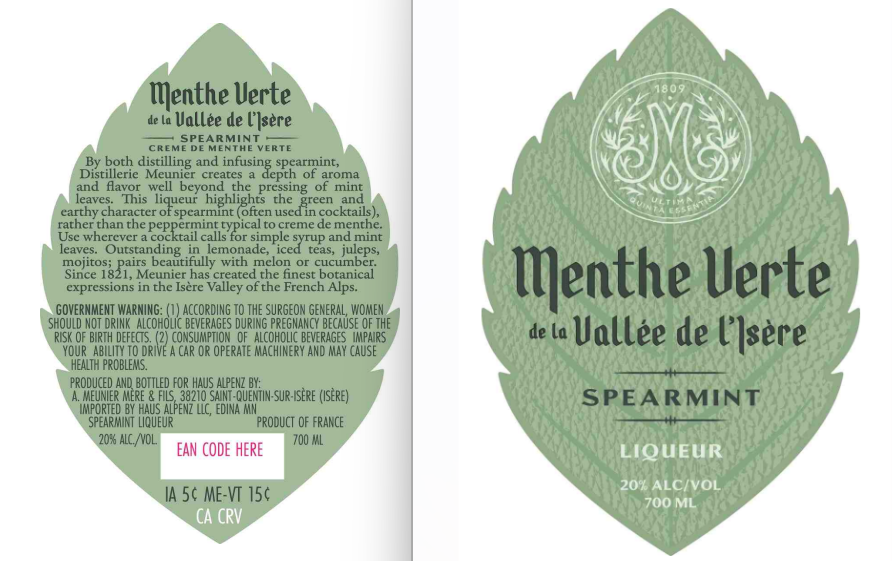 TABC label artwork for Menthe Verte Spearmint Liqueur