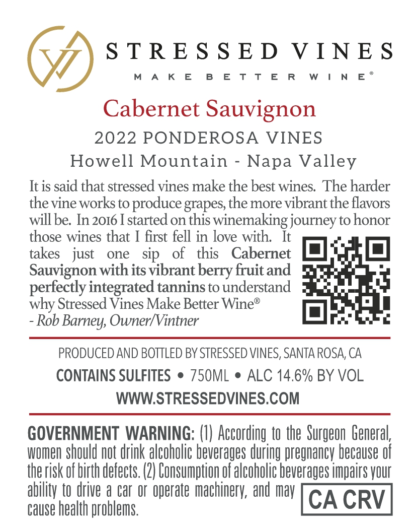 TABC label artwork for STRESSED VINES PONDEROSA VINES CABERNET SAUVIGNON HOWELL MOUNTAIN