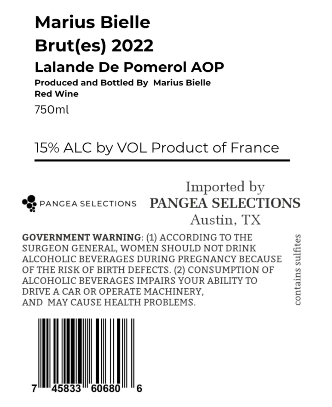 TABC label artwork for Brutes MARIUS BIELLE - Lalande De Pomerol AOP