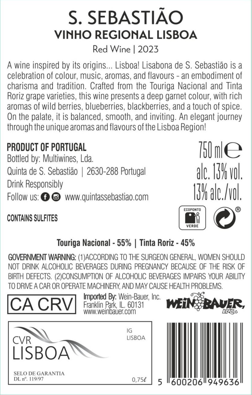 TABC label artwork for S. Sebastiao Lisa Bona Red Lisboa