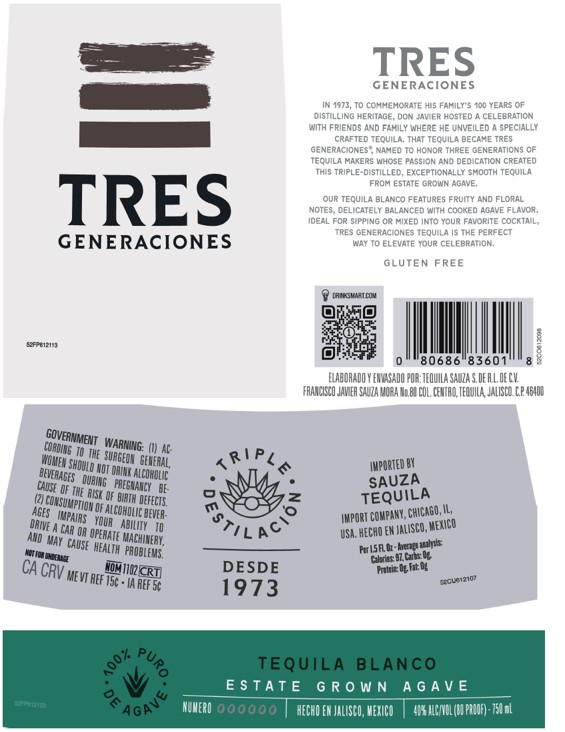 TABC label artwork for Tres Generaciones Blanco Tequila