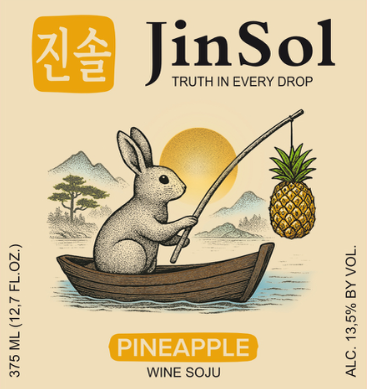 TABC label artwork for JinSol Korean Soju, Pineapple flavour , Crafted from Apple wine ,Korea, Pack 20 , 375 mL , 13.5% ABV