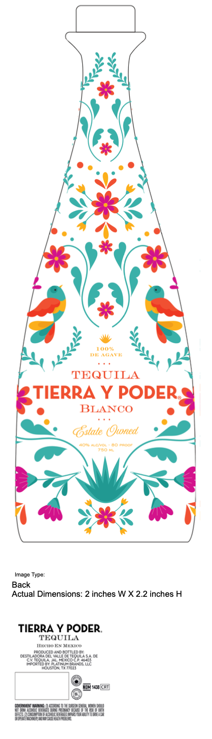 TABC label artwork for Tequila Tierra Y Poder ,100% Blue Agave, Blanco, Zero Additives , 750 mL  , 40% , Luxury Ceramic Bot