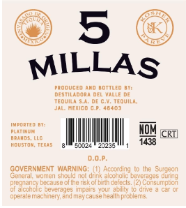 TABC label artwork for Tequila 5 Millas, 100% Agave, Anejo, 750 mL  40%