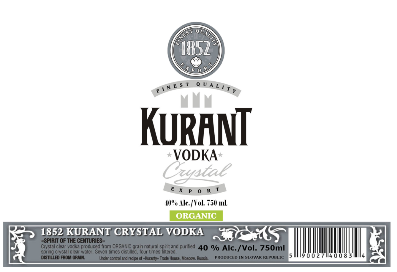 TABC label artwork for Ultra-Premium Vodka , 1852 Kurant Gold Vodka from Grape spirits ,  Bottle Handcrafted in Europe , 1L