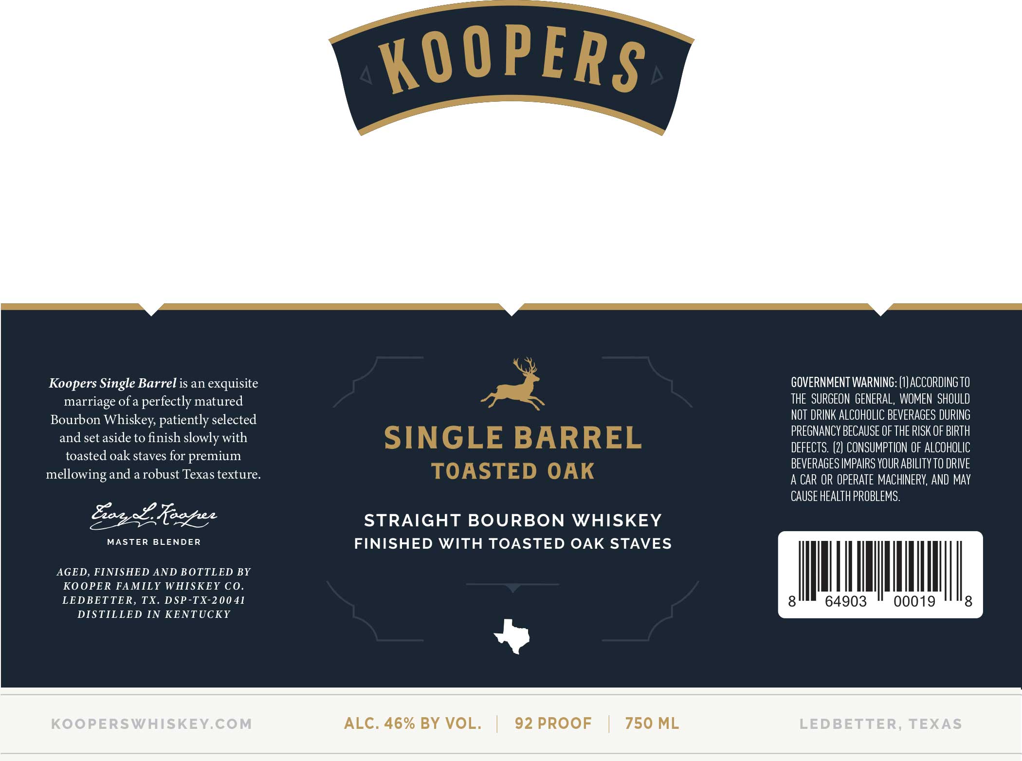 TABC label artwork for Single Barrel Bourbon Finished with Toasted Oak Staves