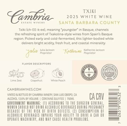 TABC label artwork for CAMBRIA WHITE WINE TXIKI SANTA BARBARA COUNTY