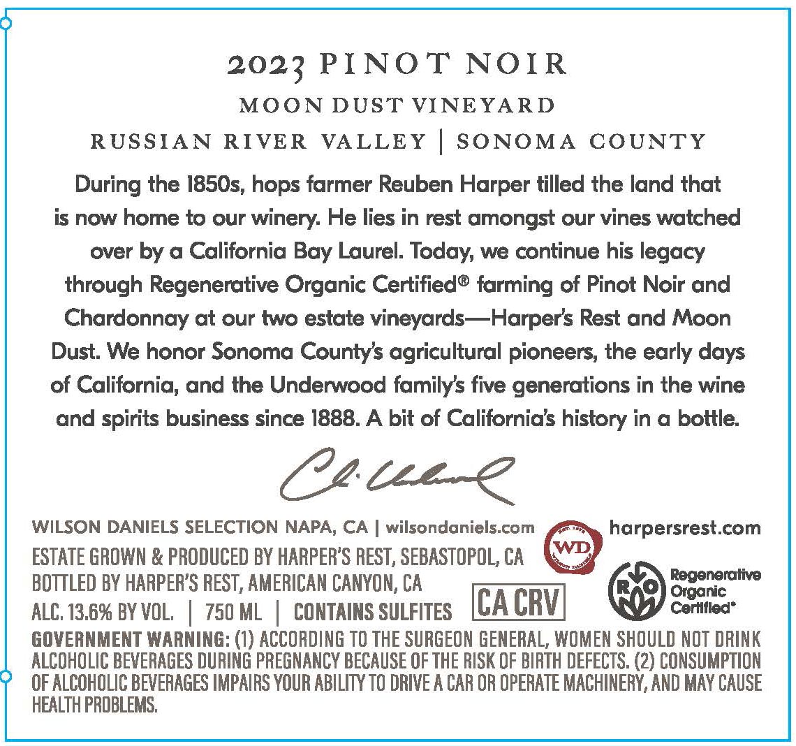 TABC label artwork for Harper's Rest Moon Dust Vineyard Pinot Noir