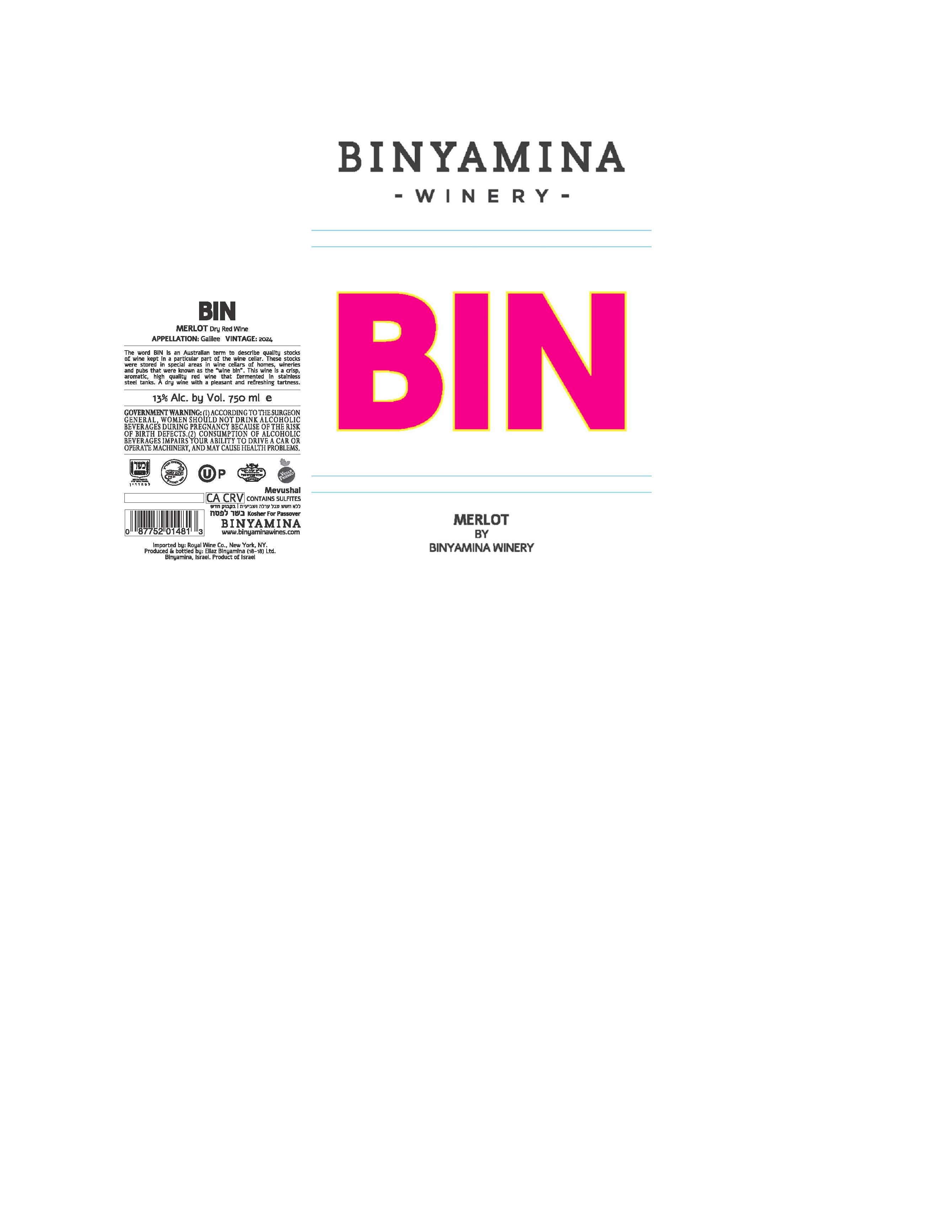 TABC label artwork for Bin by Binyamina Merlot