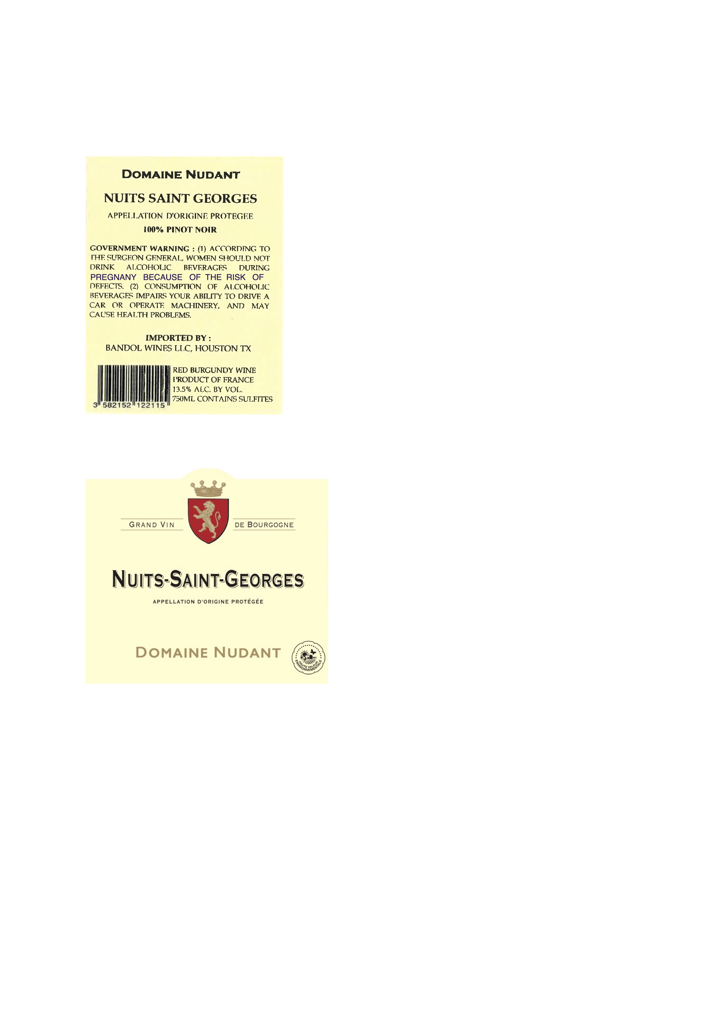 TABC label artwork for Domaine Nudant Nuits Saint Georges
