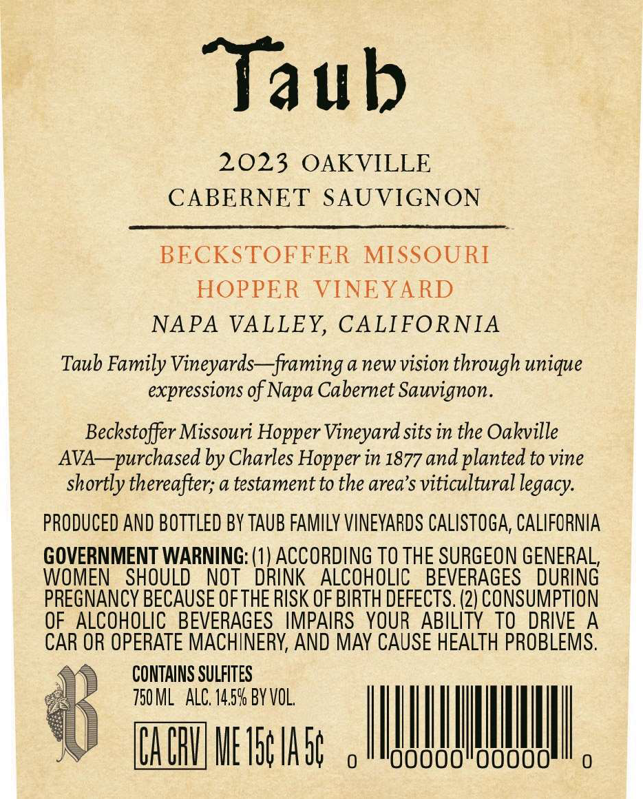 TABC label artwork for TAUB CABERNET SAUVIGNON BECKSTOFFER MISSOURI