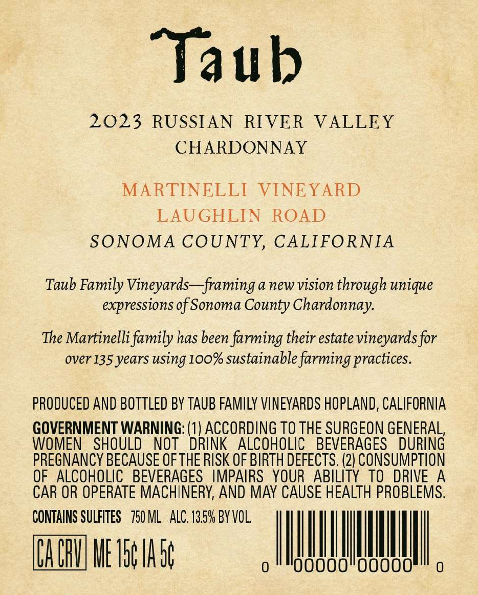TABC label artwork for TAUB CHARDONNAY MARTINELLI VINEYARD