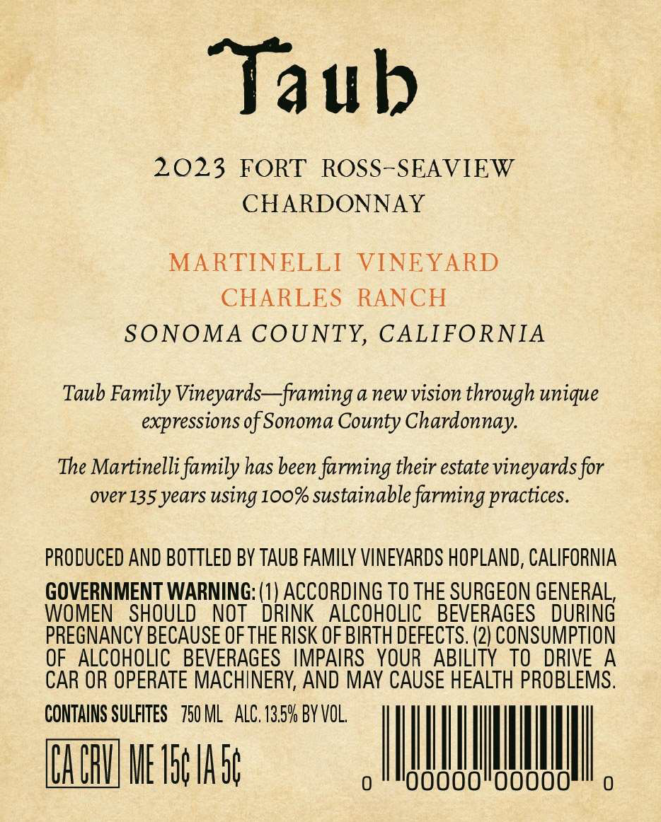 TABC label artwork for TAUB CHARDONNAY MARTINELLI VINEYARD