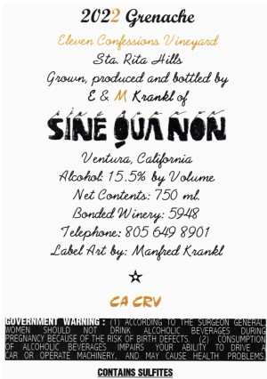 TABC label artwork for SINE QUA NON ELEVEN CONFESSIONS GRENACHE