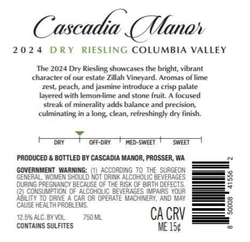 TABC label artwork for Cascadia Manor Dry Riesling