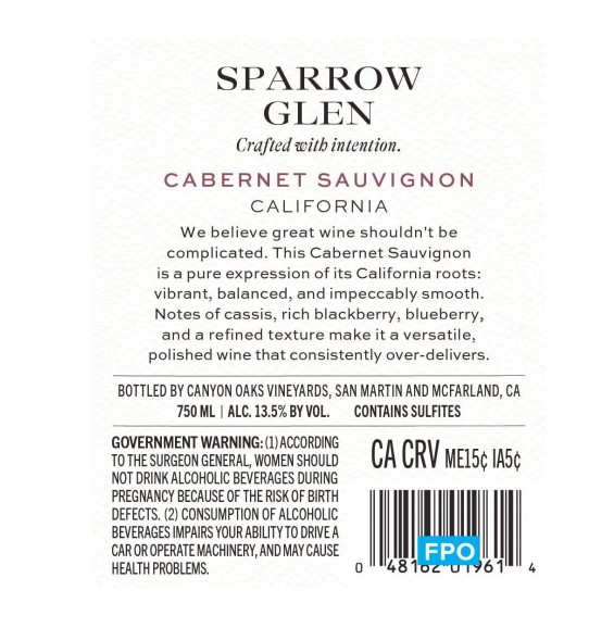 TABC label artwork for Sparrow Glen Cabernet Sauvignon