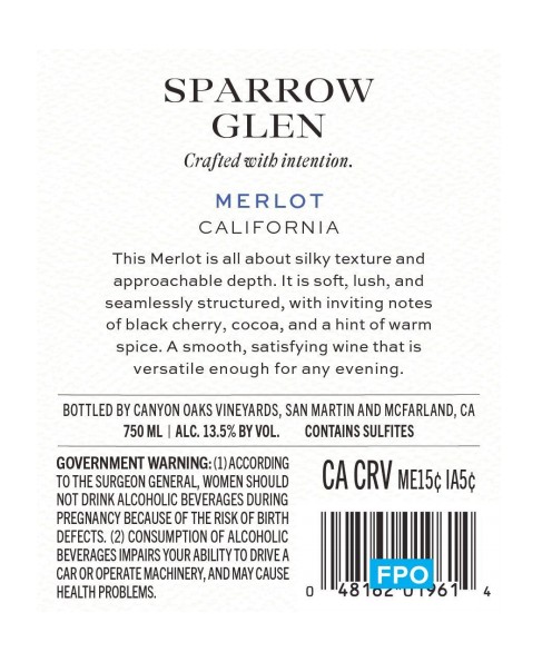 TABC label artwork for Sparrow Glen Merlot