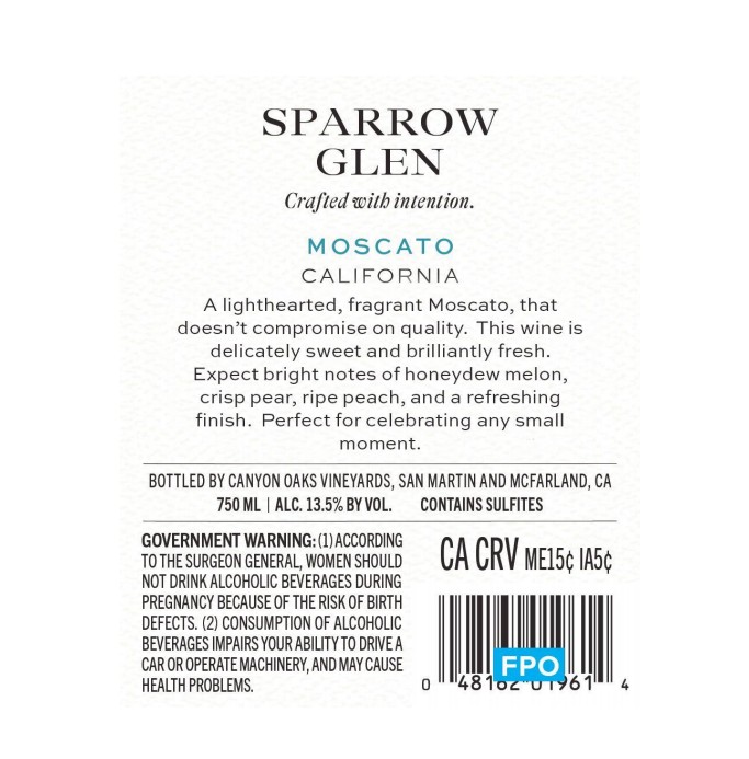 TABC label artwork for Sparrow Glen Moscato