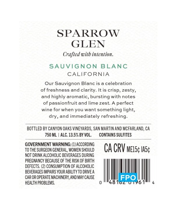 TABC label artwork for Sparrow Glen Sauvignon Blanc