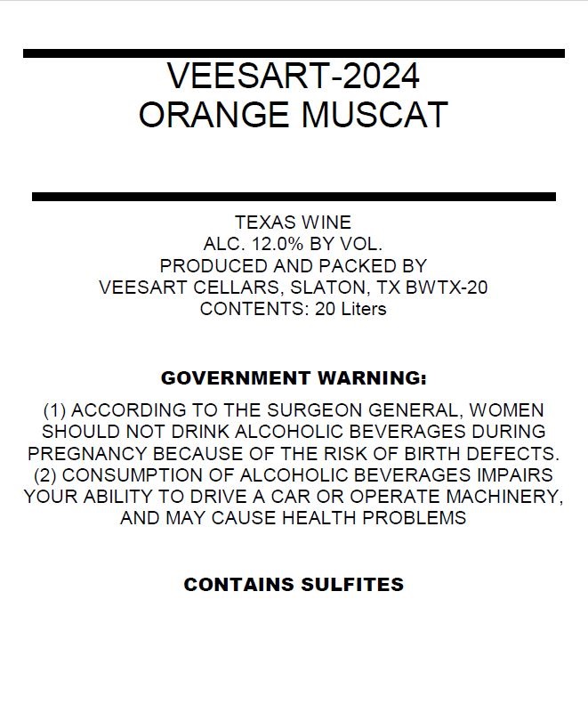 TABC label artwork for VEESART ORANGE MUSCAT KEG