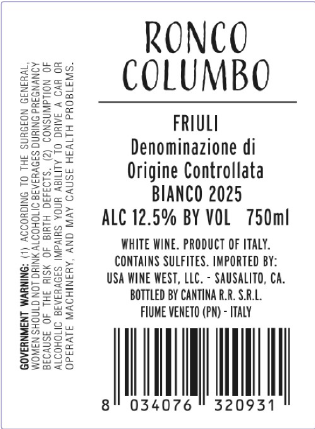 TABC label artwork for Ronco Columbo Bianco Friuli White Wine