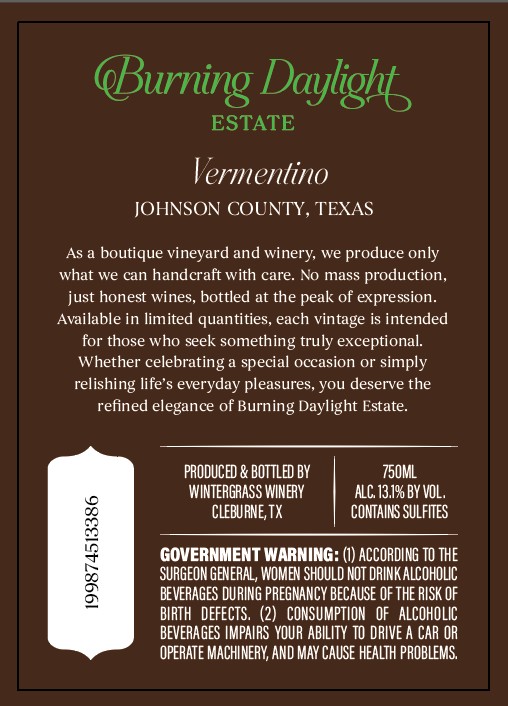 TABC label artwork for Wintergrass Winery Vermentino