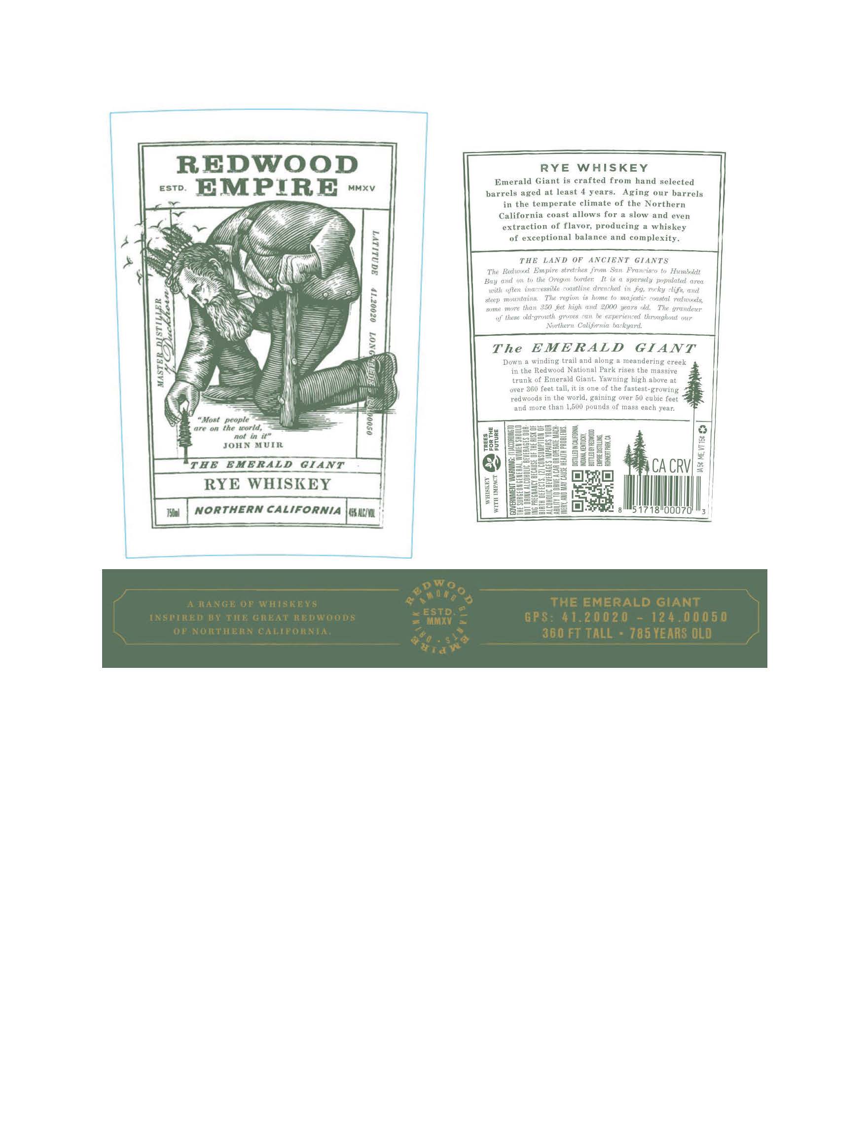 TABC label artwork for Redwood Empire The Emerald Giant Rye Whiskey