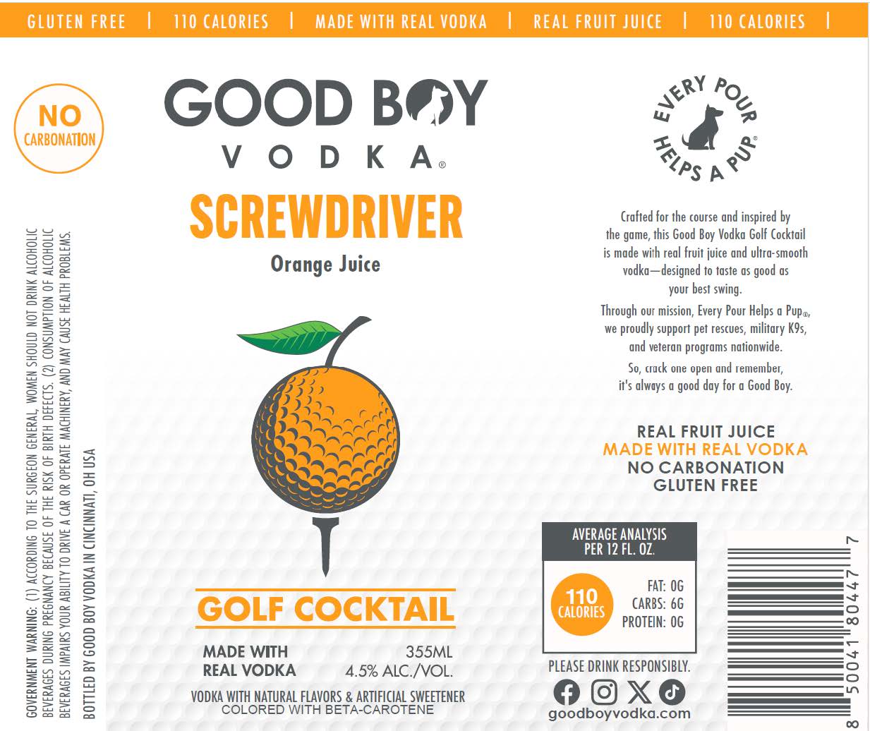 TABC label artwork for GOOD BOY VODKA SCREWDRIVER