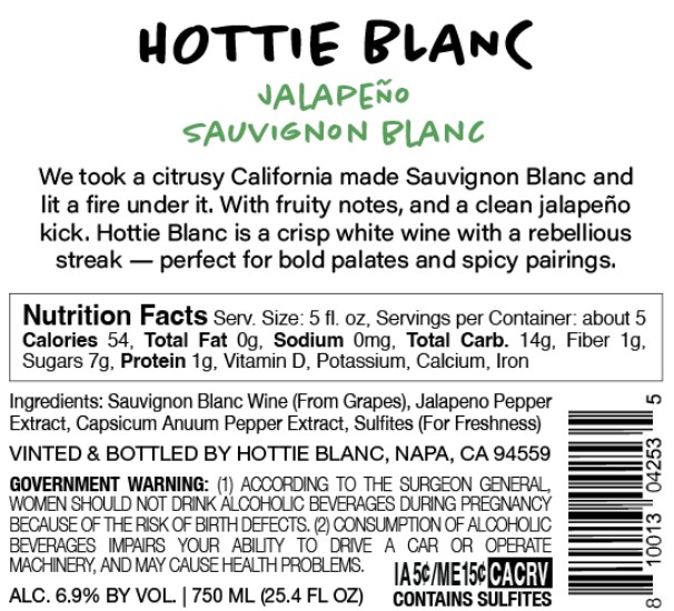 TABC label artwork for Hottie Blanc Jalapeno Sauvignon Blanc California