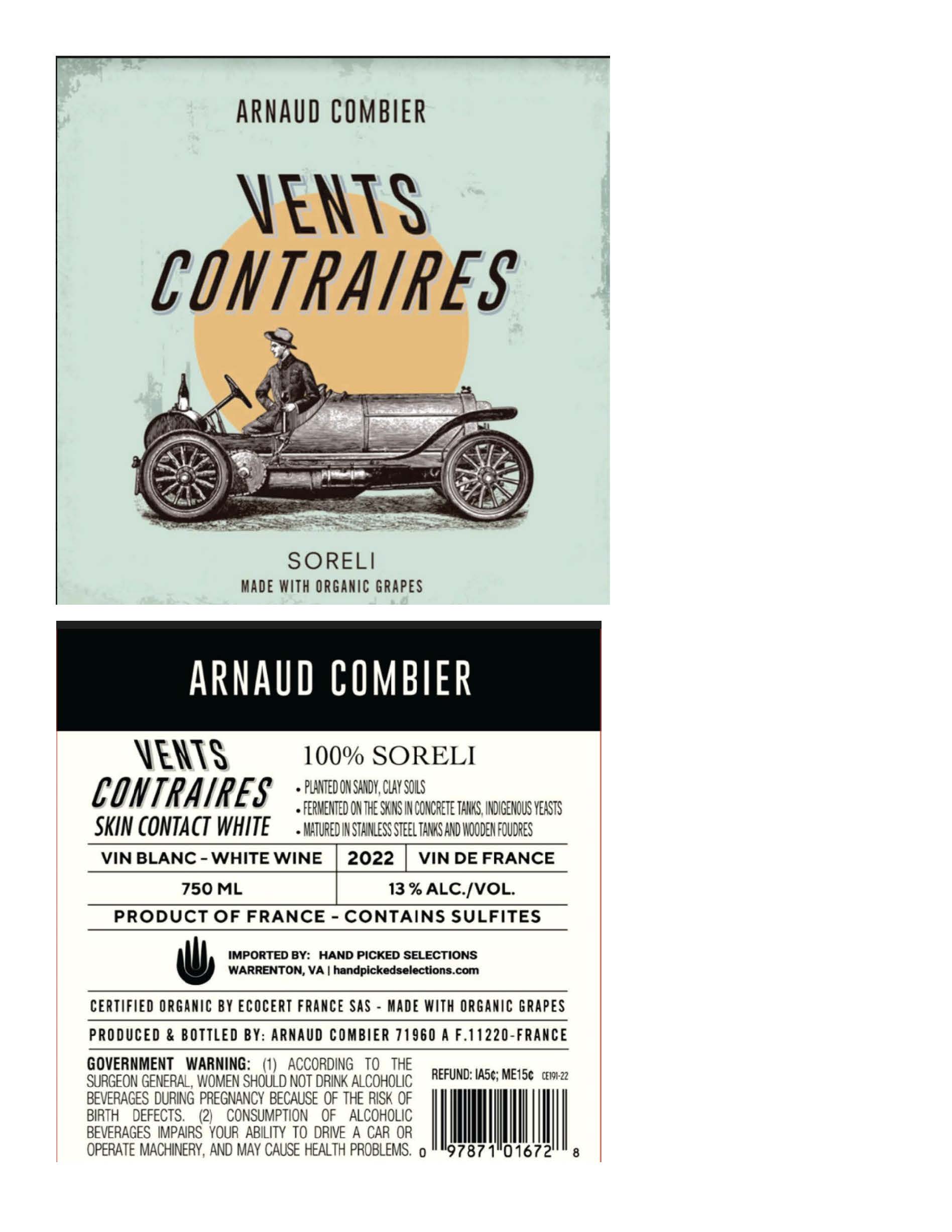 TABC label artwork for ARNAUD COMBIER VENTS CONTRAIRES SKIN CONTACT WHITE