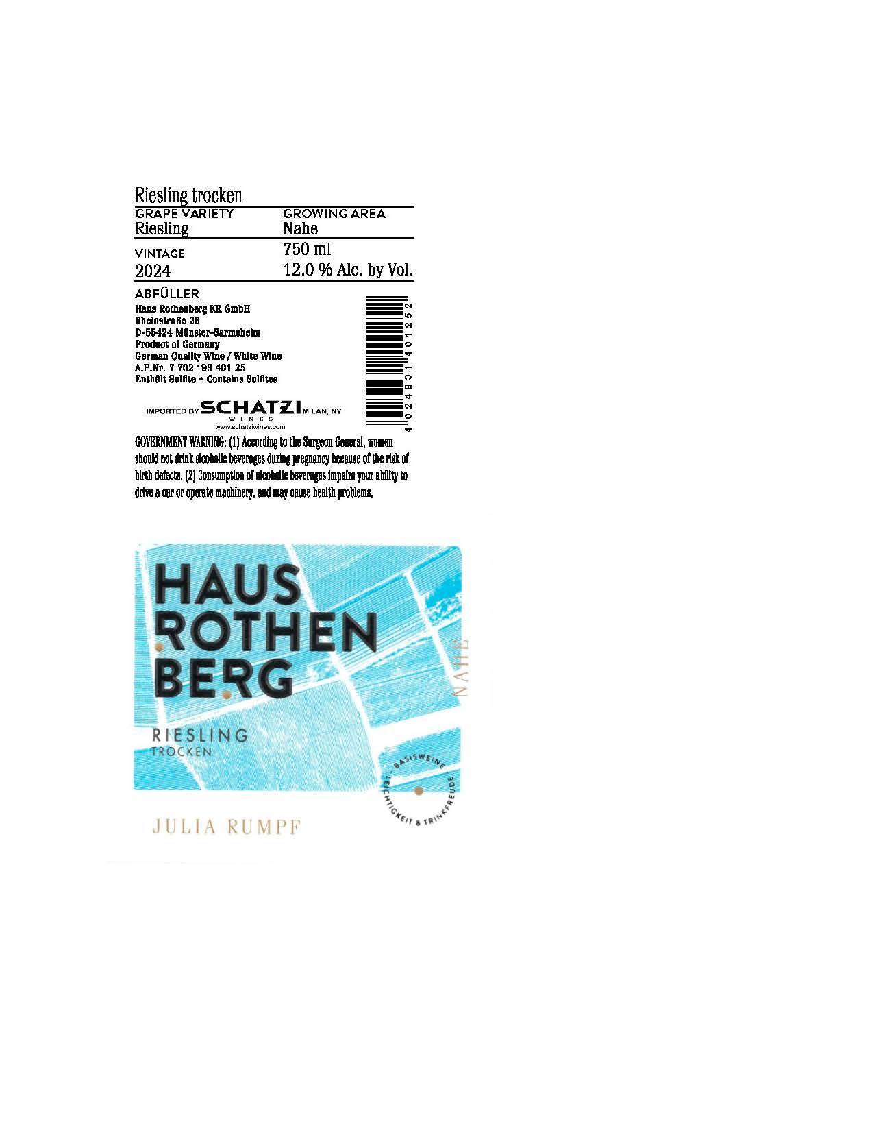 TABC label artwork for Haus Rothenberg, Riesling Trocken